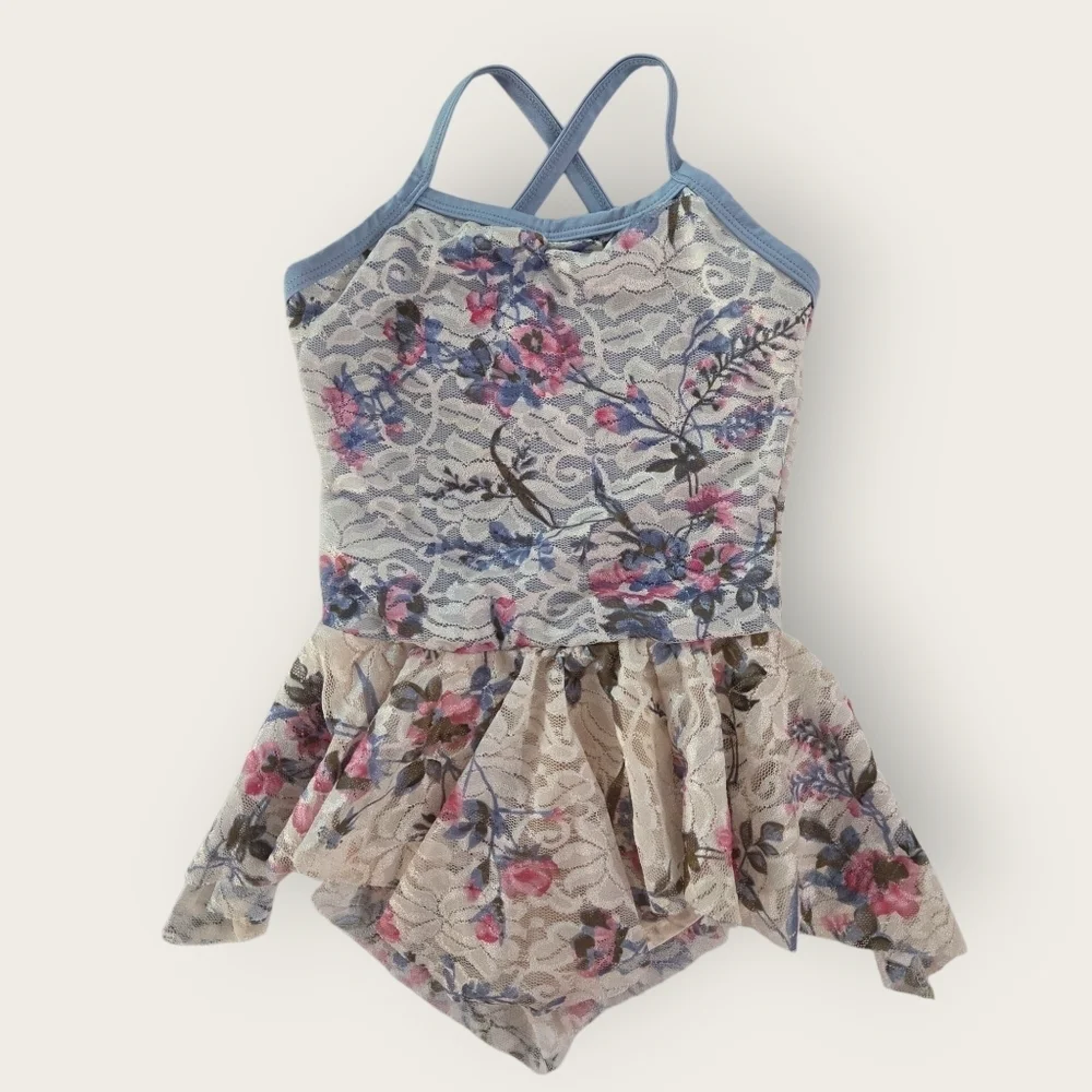 DANSCO Vintage Gym Foral Lace Leotard With Skirt. Size Small Fits 6 7.